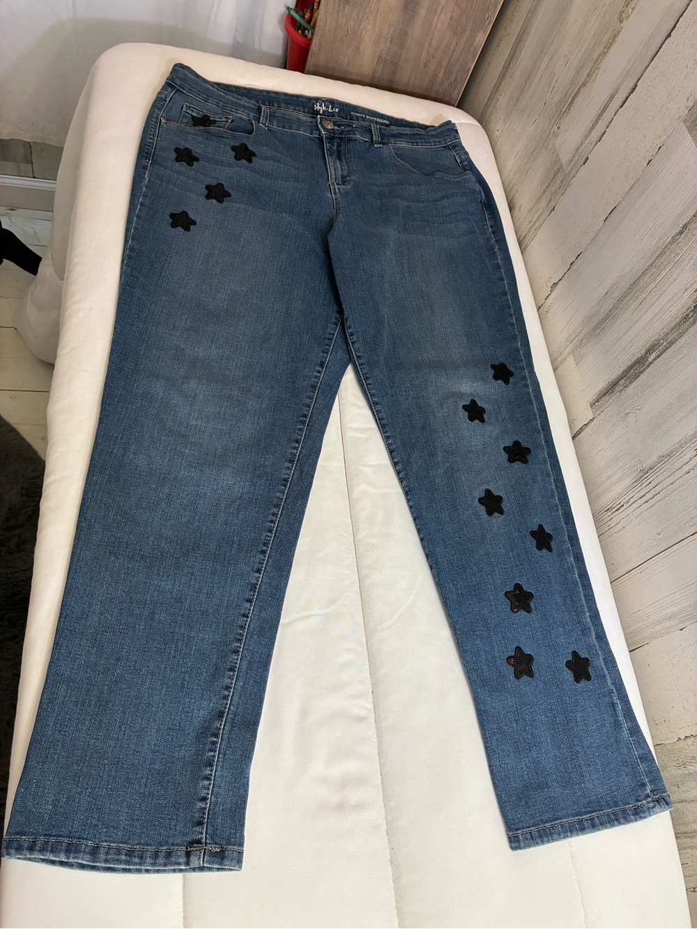Style & Co. Blue curvy boyfriend Jeans with Black Star Appliqués